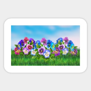 Beautiful Pansy Flowers Violet Viola Tricolor Floral Pattern. Watercolor Hand Drawn Decoration. Spring colorful pansies in bloom garden flowers  blue sky, sunny day landscape. Sticker